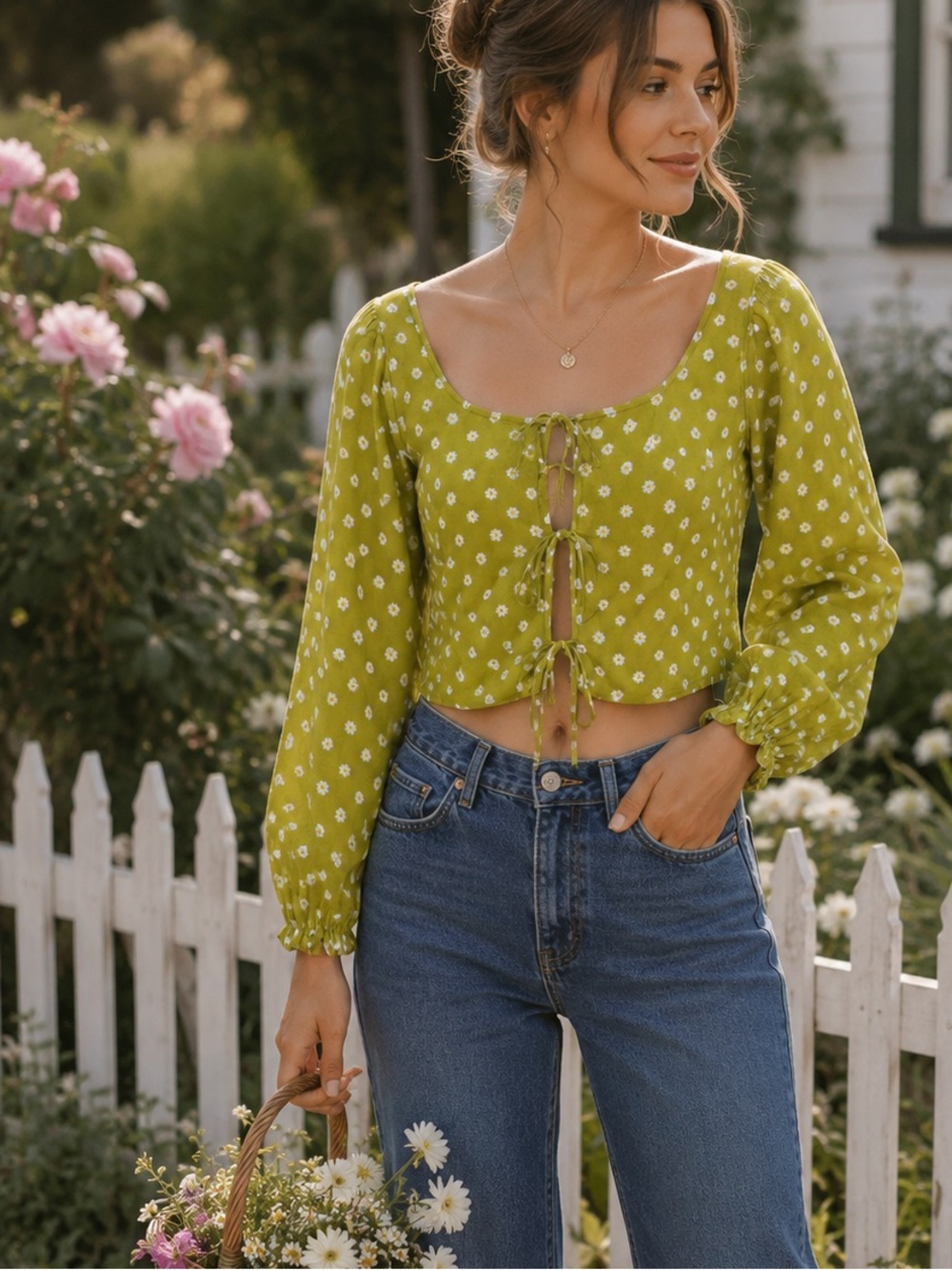 LEVI'S Cottagecore Cropped Bohemian Green Floral Tie Front Blouse, L